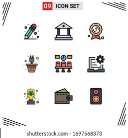 Modern Set of 9 Filledline Flat Colors and symbols such as clock; train; medal; seats; power Editable Vector Design Elements
