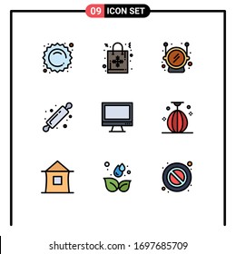 Modern Set of 9 Filledline Flat Colors and symbols such as device; computer; helmet; bread rolling pin; baking Editable Vector Design Elements