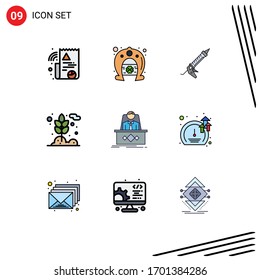 Conjunto moderno de 9 colores planos de línea plana Pictograma del jefe; trigo; pistola; planta; elementos de diseño de vectores editables para agricultura