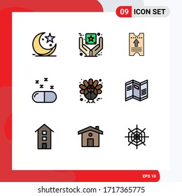Modern Set of 9 Filledline Flat Colors Pictograph of holiday; pills; goods; medical; arrow Editable Vector Design Elements