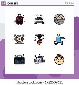 Modern Set of 9 Filledline Flat Colors Pictograph of vision; money; bone; dollar; strength Editable Vector Design Elements