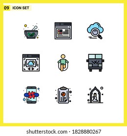 Conjunto moderno de 9 colores planos de línea plana y símbolos como el salto; uso compartido en la nube; nube; sitio web; elementos de diseño de vectores editables de acceso