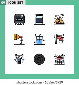 Modern Set of 9 Filledline Flat Colors Pictograph of shopping; food; moon; drinks; photography Editable Vector Design Elements