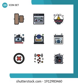 Modern Set of 9 Filledline Flat Colors Pictograph of progress; management; easter; laptop; movie Editable Vector Design Elements