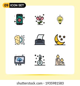 Modernes Set von 9 Flachfarben, Bildzeichen des Denkens; Fanggerät; Rose; Konstruktion, hellbearbeitete Vectordesign-Elemente