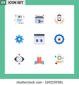 Modernes Set von 9 Flachfarben und Symbolen wie Seite; Einstellung; Gleichgewicht; Fanggerät; Design-Elemente für Vektorillustrationen mit Symbolbearbeitung