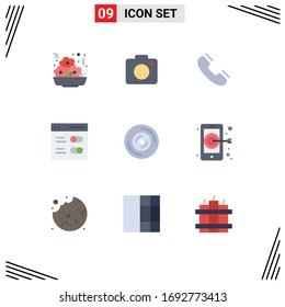 Conjunto moderno de 9 colores planos y símbolos como el disco; ajustes; llamada; interfaz; Elementos de diseño de vectores editables de anillo