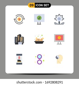 Modern Set of 9 Flat Colors Pictograph of nachos; food; research; company; apartment Editable Vector Design Elements