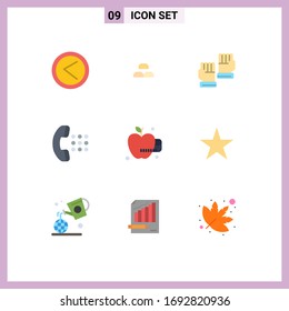 Conjunto moderno de 9 colores planos Pictograma de manzana médica; dial; intereses; llamada; materiales de diseño de vectores editables para deportes
