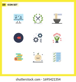 Modern Set of 9 Flat Colors and symbols such as rewind; backward; swords; back; ramen Editable Vector Design Elements
