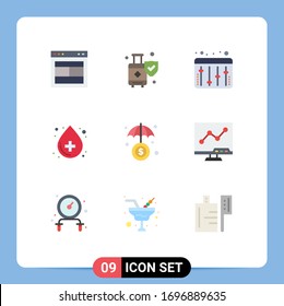 Modern Set of 9 Flat Colors Pictograph of investment; medical; suitcase; health care; blood Editable Vector Design Elements