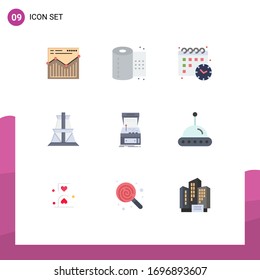 Conjunto moderno de 9 colores planos y símbolos como el juego; arcade; calénder; torre de transmisión; elementos de diseño de vectores editables de energía