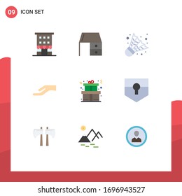 Modern Set of 9 Flat Colors Pictograph of gift; share; office desk; hand; game Editable Vector Design Elements
