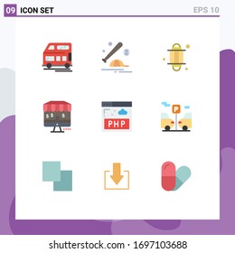 Conjunto moderno de 9 colores planos Pictograma de php; tienda; deporte; comercialización; elementos de diseño de vectores editables de ramadán