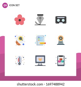 Modern Set of 9 Flat Colors Pictograph of notes; morning; audio; croissant; breakfast Editable Vector Design Elements
