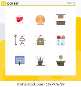 Conjunto moderno de 9 colores planos y símbolos como datos; bolsa de compra; distribuir; bolsa; principales elementos de diseño de vectores editables