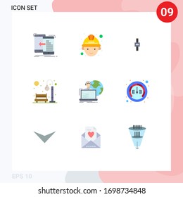Modern Set of 9 Flat Colors Pictograph of outsource; recreation; equalizer; park; bench Editable Vector Design Elements