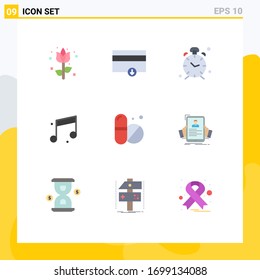 Conjunto moderno de 9 colores planos Pictograma del comprimido; médico; tiempo; sonido; elementos de diseño de vectores editables de audio