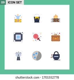 Conjunto moderno de 9 colores planos y símbolos como el cifrado; datos; artículos; chip; elementos de diseño de vectores editables de red