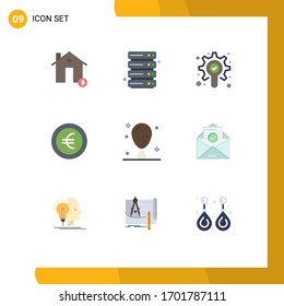 Conjunto moderno de 9 colores planos y símbolos como pierna; alimentos; búsqueda; cena; Elementos de diseño de vectores editables en euros