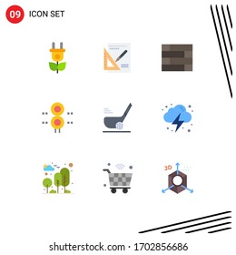 Conjunto moderno de 9 colores planos y símbolos como la bola; golf; proteger; transporte; elementos de diseño de vectores editables de tráfico
