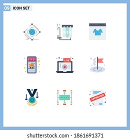 Modernes Set von 9 Flachfarben und Symbolen wie live; Online-Shop; Wasser; mobiles Einkaufen; Bearbeitbare Vektordesign-Elemente im Shop