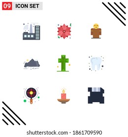 Modernes Set von 9 Flachfarben und Symbolen wie der Kirche; Szene; Hände; Berg; Hüttenbearbeitbare Vectordesign-Elemente
