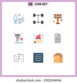 Conjunto moderno de 9 imágenes de colores planos de las finanzas; gráfico; torre eléctrica; basura; elementos de diseño de vectores editables de filtro
