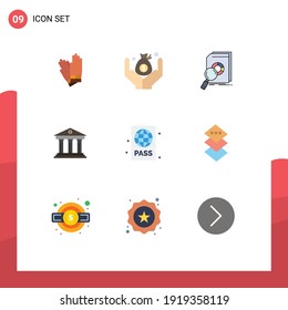 Conjunto moderno de 9 colores planos de la playa; construcción; datos; financiación; elementos de diseño de vectores editables de banco