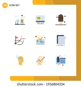 Conjunto moderno de 9 imágenes de color plano del archivo; tarjeta de estudiante; nata; id; Deportes de golf Elementos de diseño de vectores editables