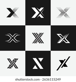 A modern set of 9 letter X logos featuring unique monogram shapes. Clean, flat, and minimal vector designs perfect for branding.