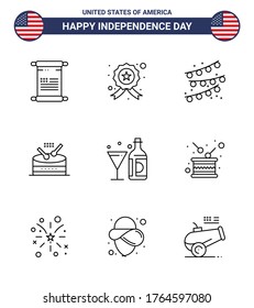 Modern Set of 9 Lines and symbols on USA Independence Day such as american; drink; buntings; parade; instrument Editable USA Day Vector Design Elements