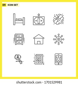 Modern Set of 9 Outlines and symbols such as cottage villa; wardrobe; hot dog; office draw; furniture Editable Vector Design Elements