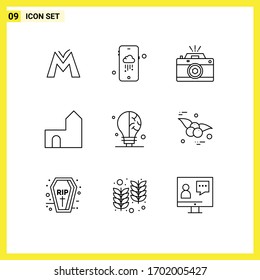 Modern Set of 9 Outlines and symbols such as bulb; fortress; photography; castle tower; castle Editable Vector Design Elements