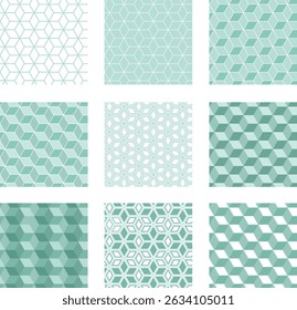 Ein modernes Set aus 9 nahtlosen Sechseckmustern in sanftem Pastellgrün. Sauber, minimalistisch und perfekt für Hintergründe, Verpackung, Branding und digitales Design.