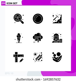 Modern Set of 9 Solid Glyphs and symbols such as upload; ice; cave; cream; pickaxe Editable Vector Design Elements