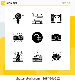 Modern Set of 9 Solid Glyphs and symbols such as dram; night; shop; projector; turnstiles Editable Vector Design Elements