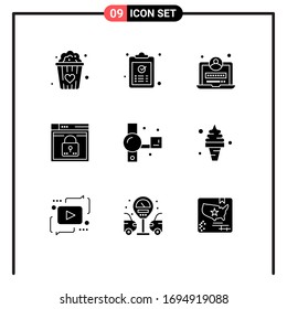 Modern Set of 9 Solid Glyphs and symbols such as camcorder; passward; development; layout; secure Editable Vector Design Elements