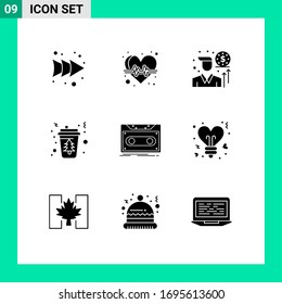 Modern Set of 9 Solid Glyphs and symbols such as record; cassette; investment; tree; drink Editable Vector Design Elements