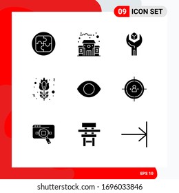 Modern Set of 9 Solid Glyphs Pictograph of face; rose; develop; red rose; blossom Editable Vector Design Elements