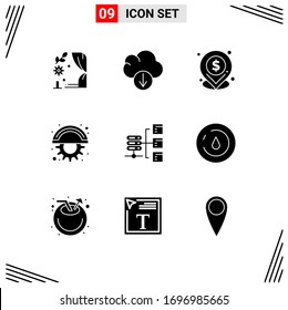 Modern Set of 9 Solid Glyphs Pictograph of social; server; location; network; line Editable Vector Design Elements