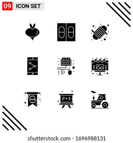Modern Set of 9 Solid Glyphs Pictograph of ad; distance learning; equipment; books; mobile Editable Vector Design Elements
