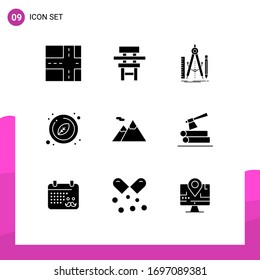 Modern Set of 9 Solid Glyphs Pictograph of mountains; camping; geometry; organic; leaf Editable Vector Design Elements