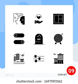 Conjunto moderno de 9 imágenes de glifos sólidos de la tumba; alternar; marco; interruptor; elementos de diseño de vectores editables de madera