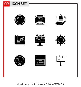 Modern Set of 9 Solid Glyphs and symbols such as globe; sketch; print ad; process; shopping bag Editable Vector Design Elements