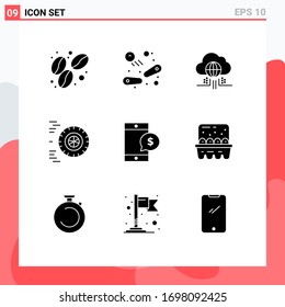 Modern Set of 9 Solid Glyphs Pictograph of dollar; cell; think; mobile; ride Editable Vector Design Elements