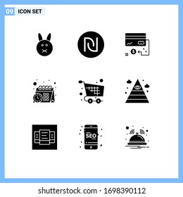 Modern Set of 9 Solid Glyphs and symbols such as shopping; cart; card; time; calendar Editable Vector Design Elements