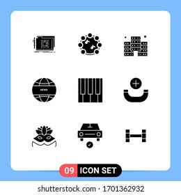 Modern Set of 9 Solid Glyphs and symbols such as sound; music; economy; keyboard; international news Editable Vector Design Elements