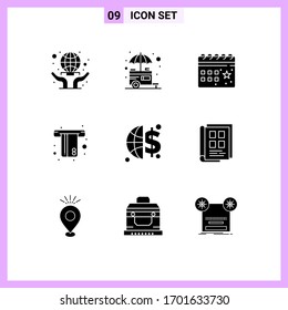 Modern Set of 9 Solid Glyphs and symbols such as credit; card; shop; atm; night Editable Vector Design Elements