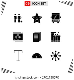 Modern Set of 9 Solid Glyphs Pictograph of premiere; numbers; starfish; movie; travel Editable Vector Design Elements